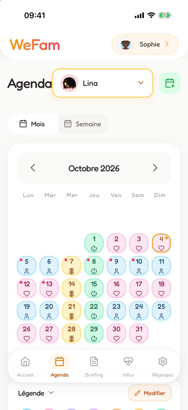 Le planning de garde du mois dans l'application WeFam, visible par toute la famille