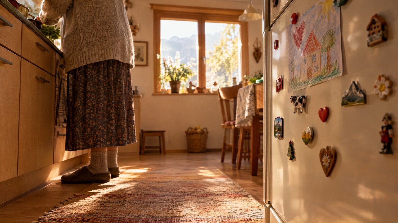 Vue à hauteur d'enfant : la cuisine de Mamie et le frigo couvert de magnets et d'un dessin de maison