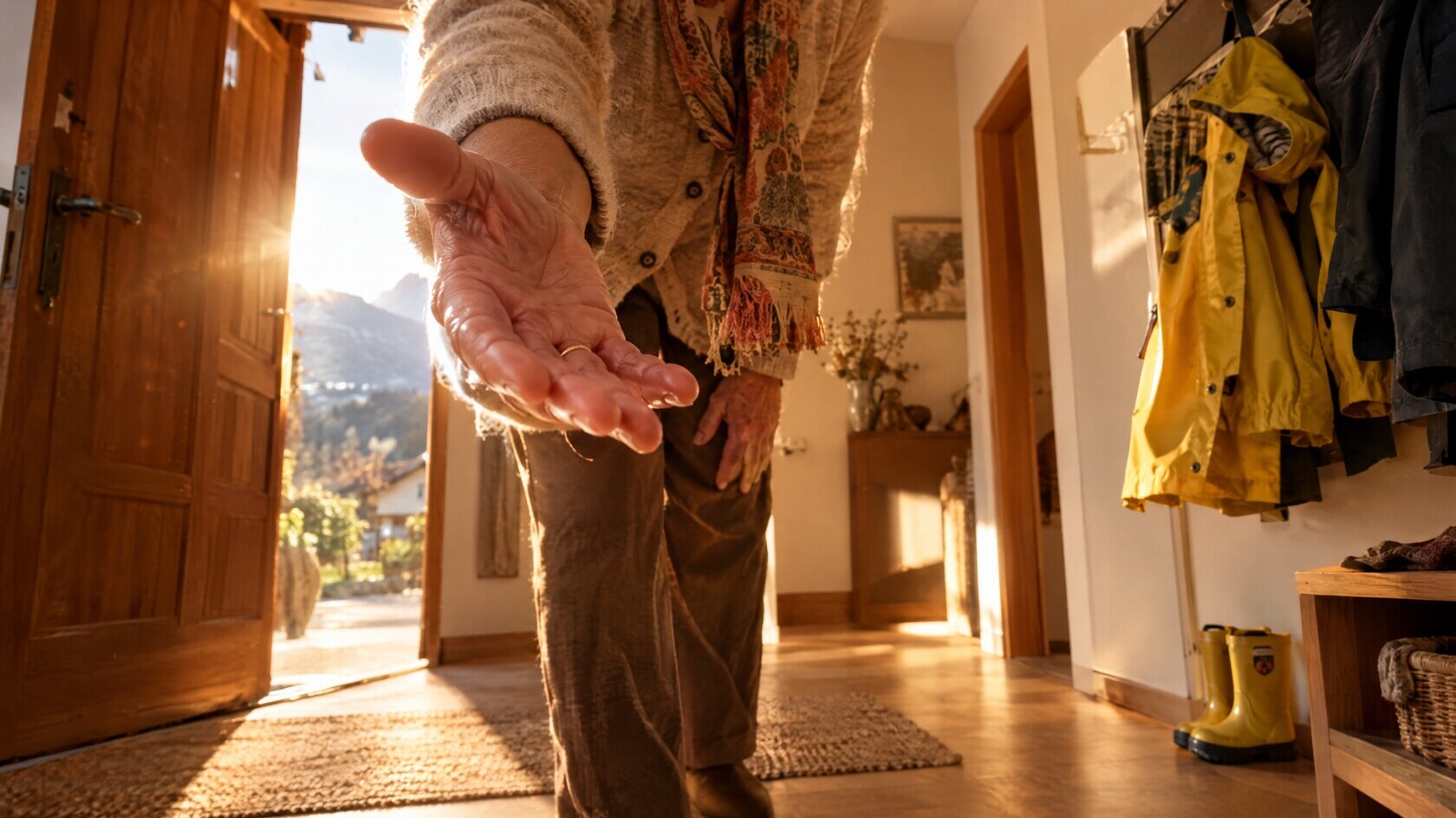 Vue à hauteur d'enfant : dans l'entrée, Mamie tend la main