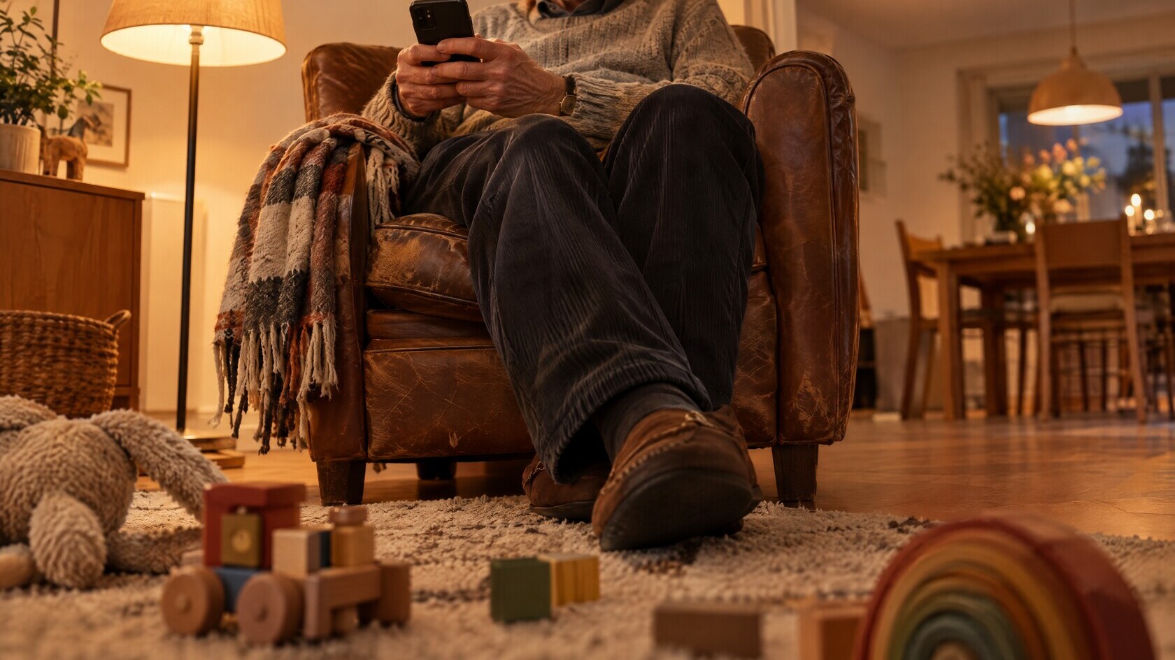Vue à hauteur d'enfant : Papi dans son fauteuil lit le briefing sur son téléphone