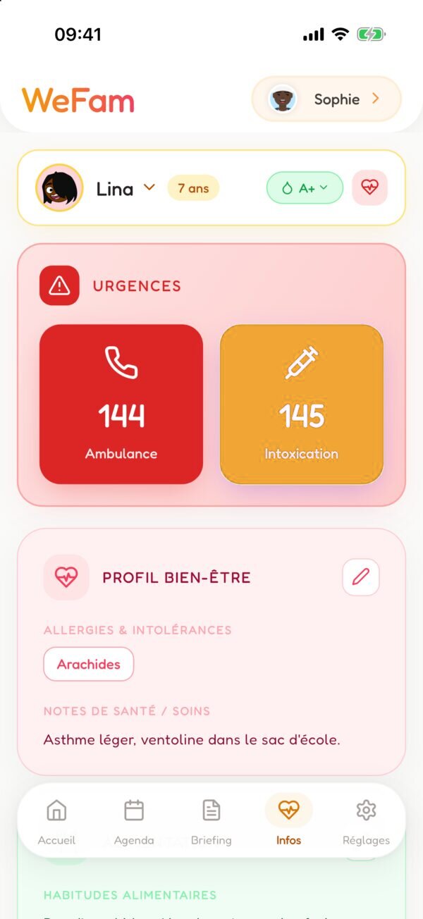 La fiche santé de l'enfant dans WeFam : allergies, urgences et pédiatre