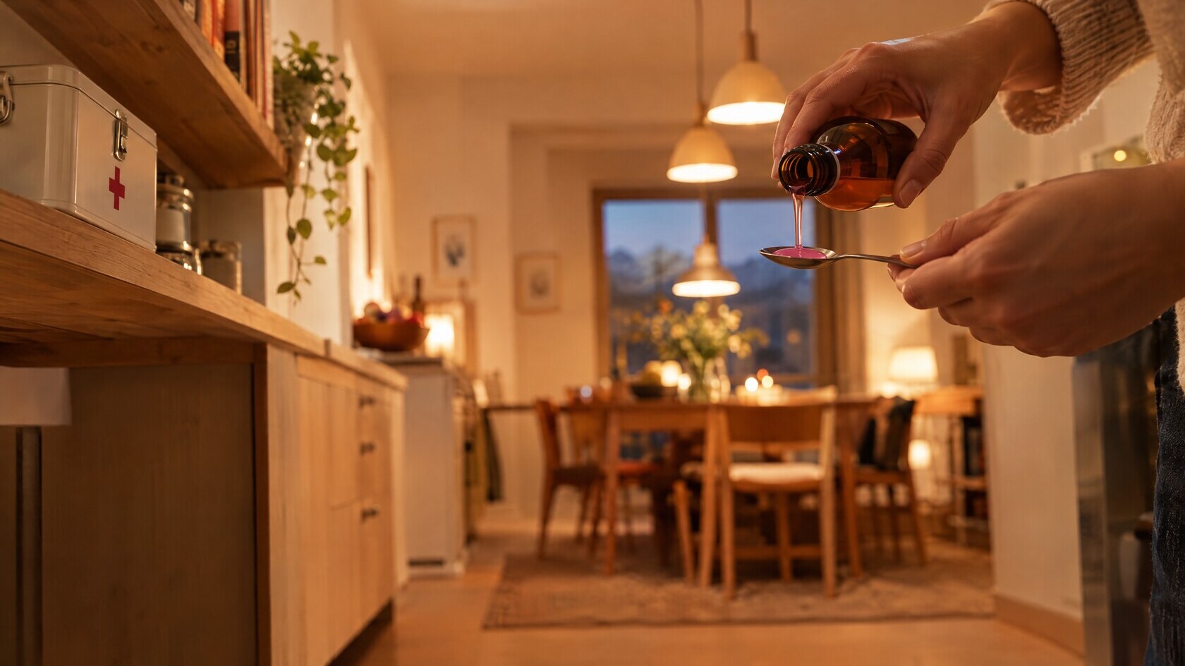 Vue à hauteur d'enfant : le sirop du soir versé dans la cuillère, la boîte de secours sur l'étagère
